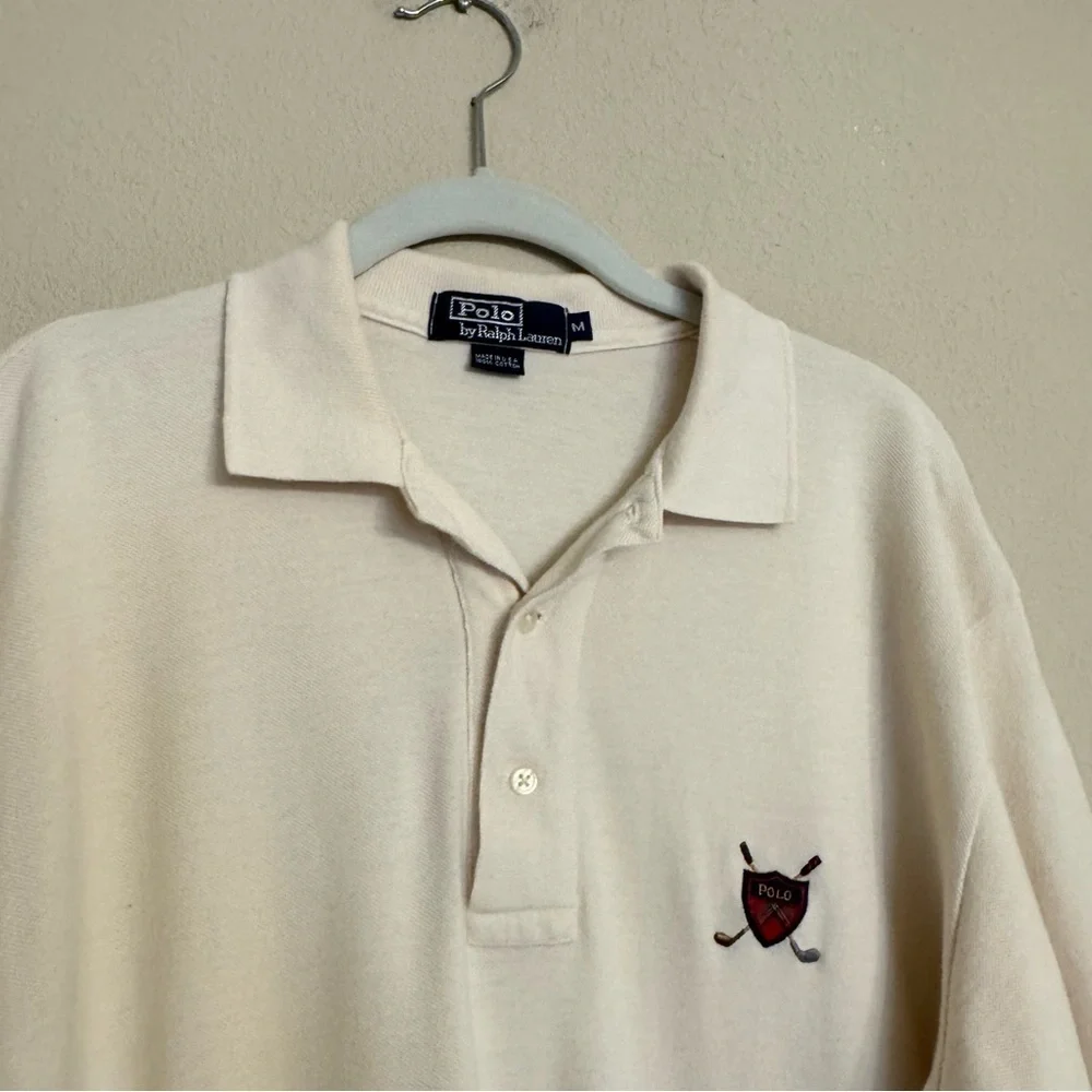 Vintage Polo Ralph Lauren Golf Shirt Sz Medium Ivory Logo Crest Preppy Academia